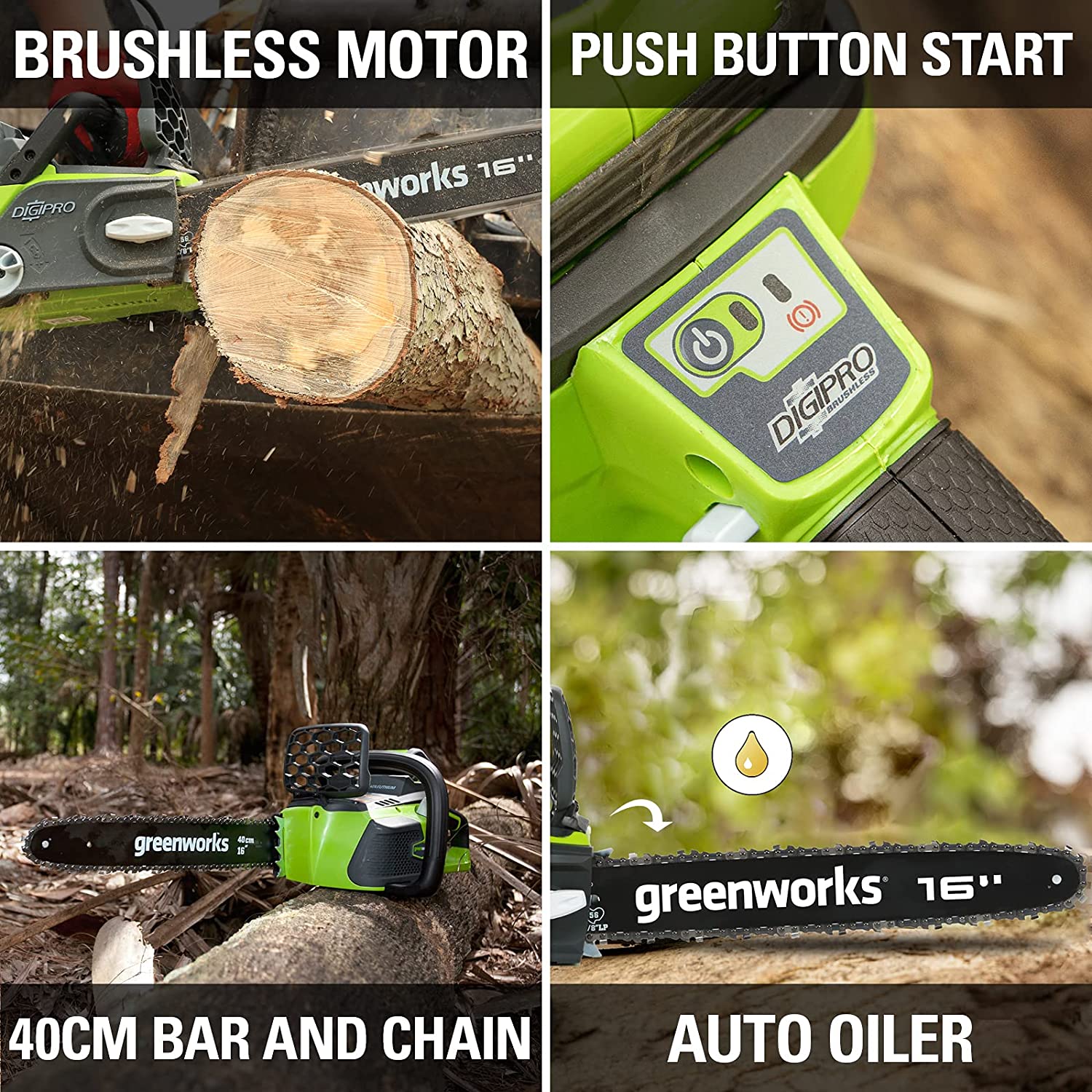 Greenworks GD40CS40 vue du carter, du logement de batterie 40 V et de la poignée