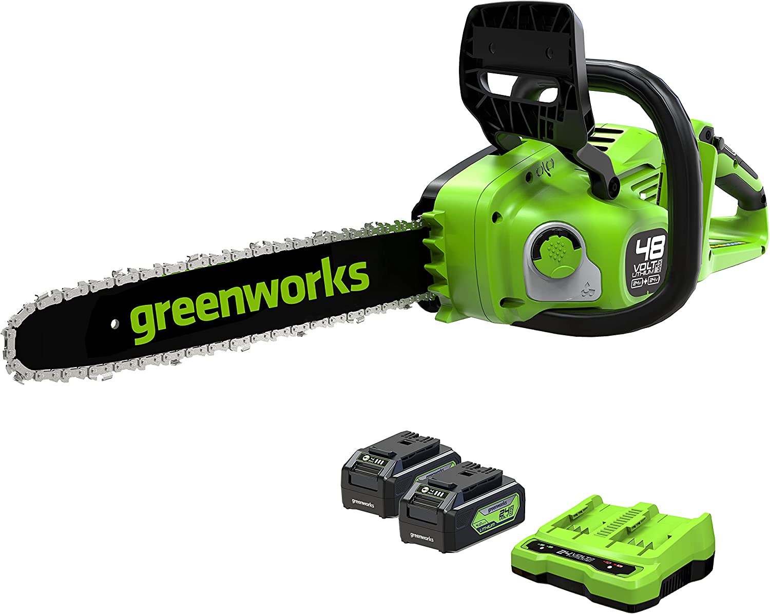 Greenworks GD24X2CS36K4X vue du double logement de batterie et du carter
