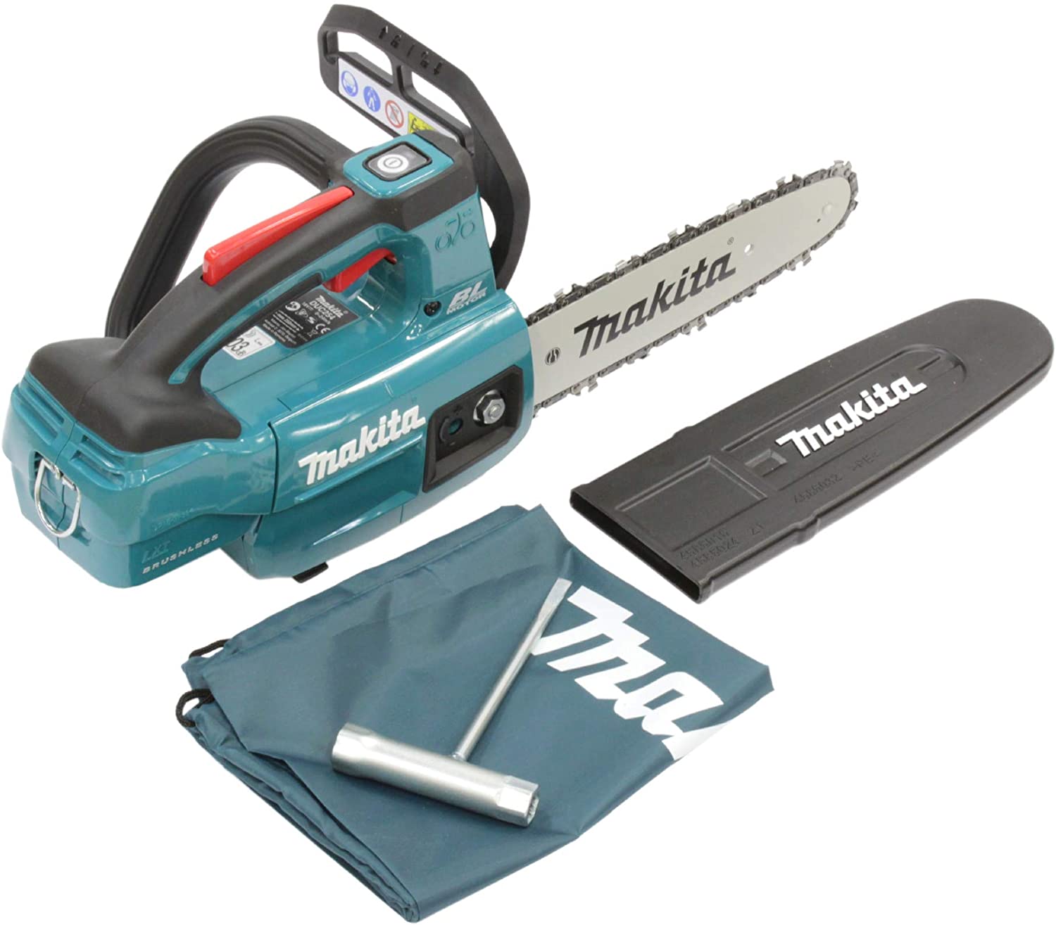 Tronçonneuse d'élagage Makita DUC254Z avec son fourreau, sa clé combinée et son sac de transport