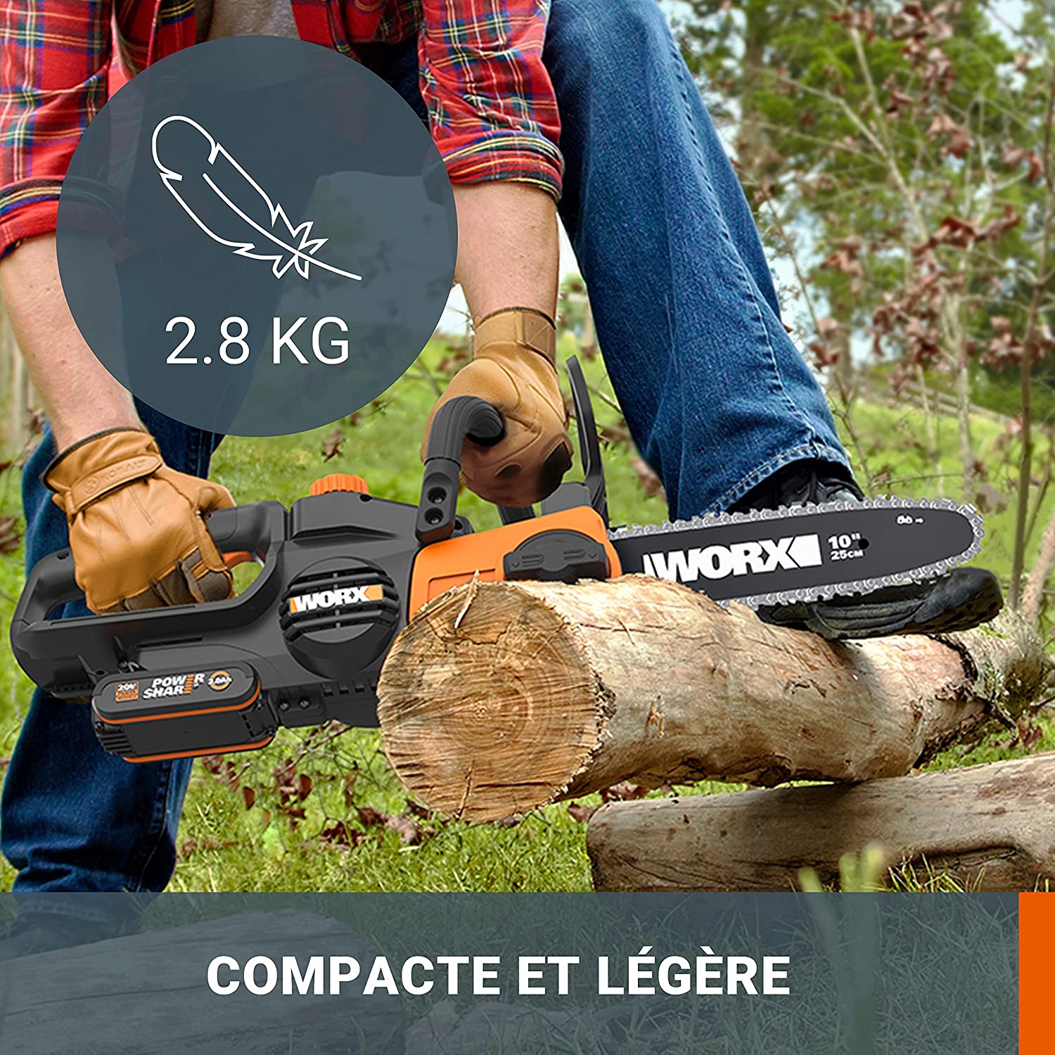 Tronçonneuse à batterie Worx WG322E.9 avec son guide de 25 cm