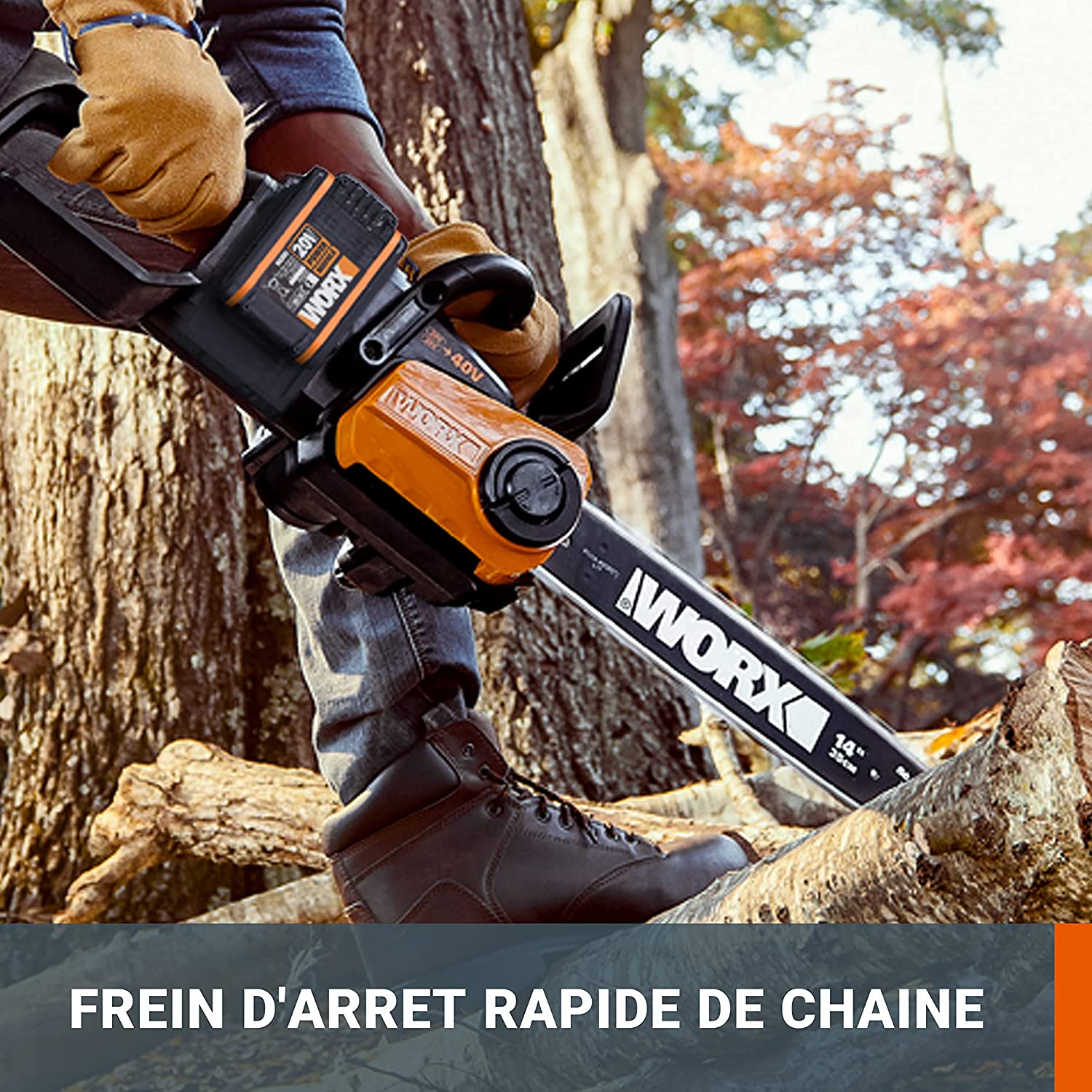 Worx WG384E vue du carter et du guide de 35 cm