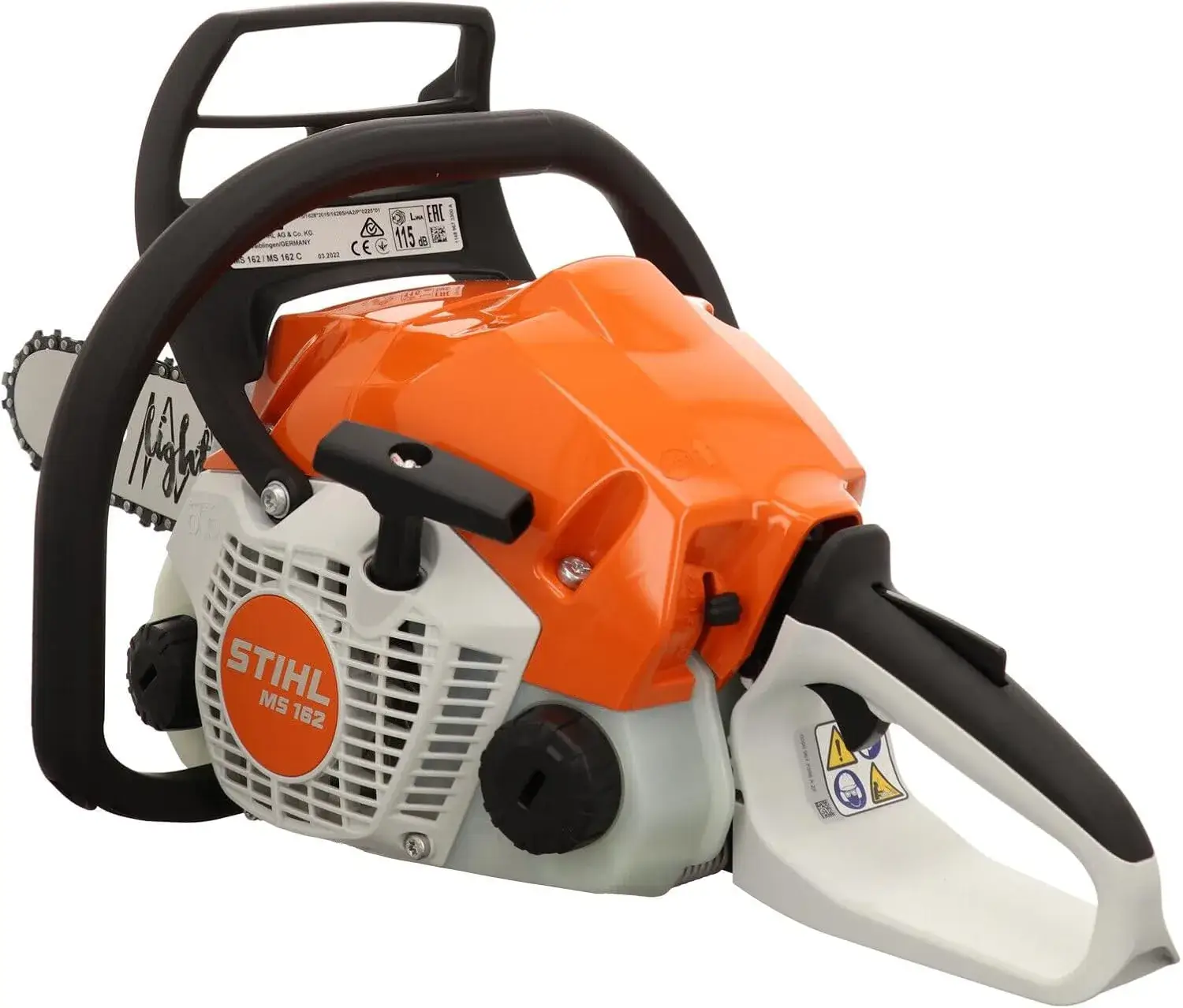 Vue arrière de la Stihl MS 162 et son étiquette MS 162 / MS 162 C