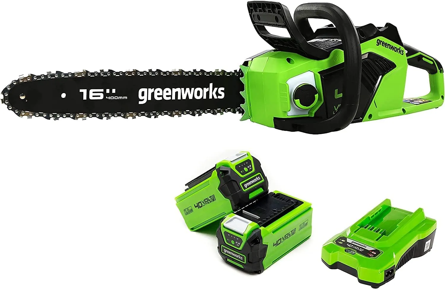 Greenworks GD40CS18K2X vue du carter et du logement de batterie 40 V