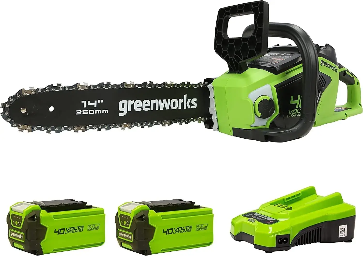 Greenworks GD40CS15K2X vue du carter, de la batterie et du guide de 35 cm