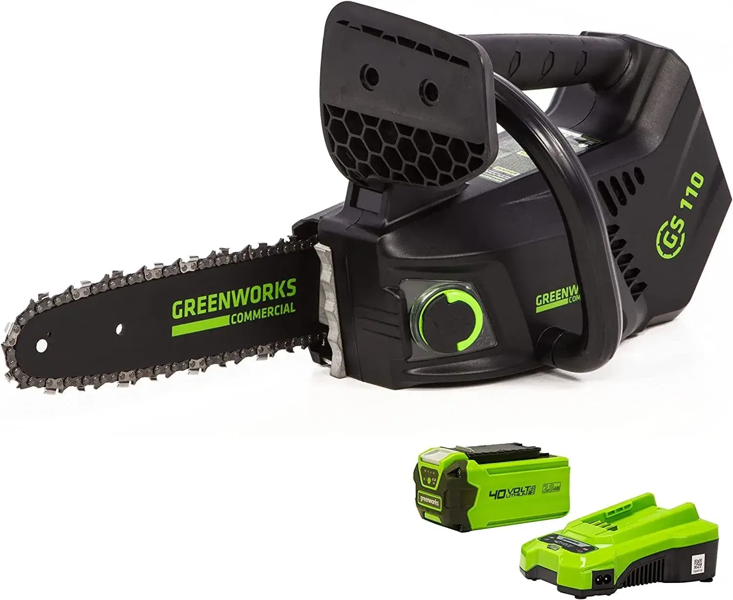 Greenworks GD40TCSK2 vue du carter, de la poignée haute et de sa batterie 40 V