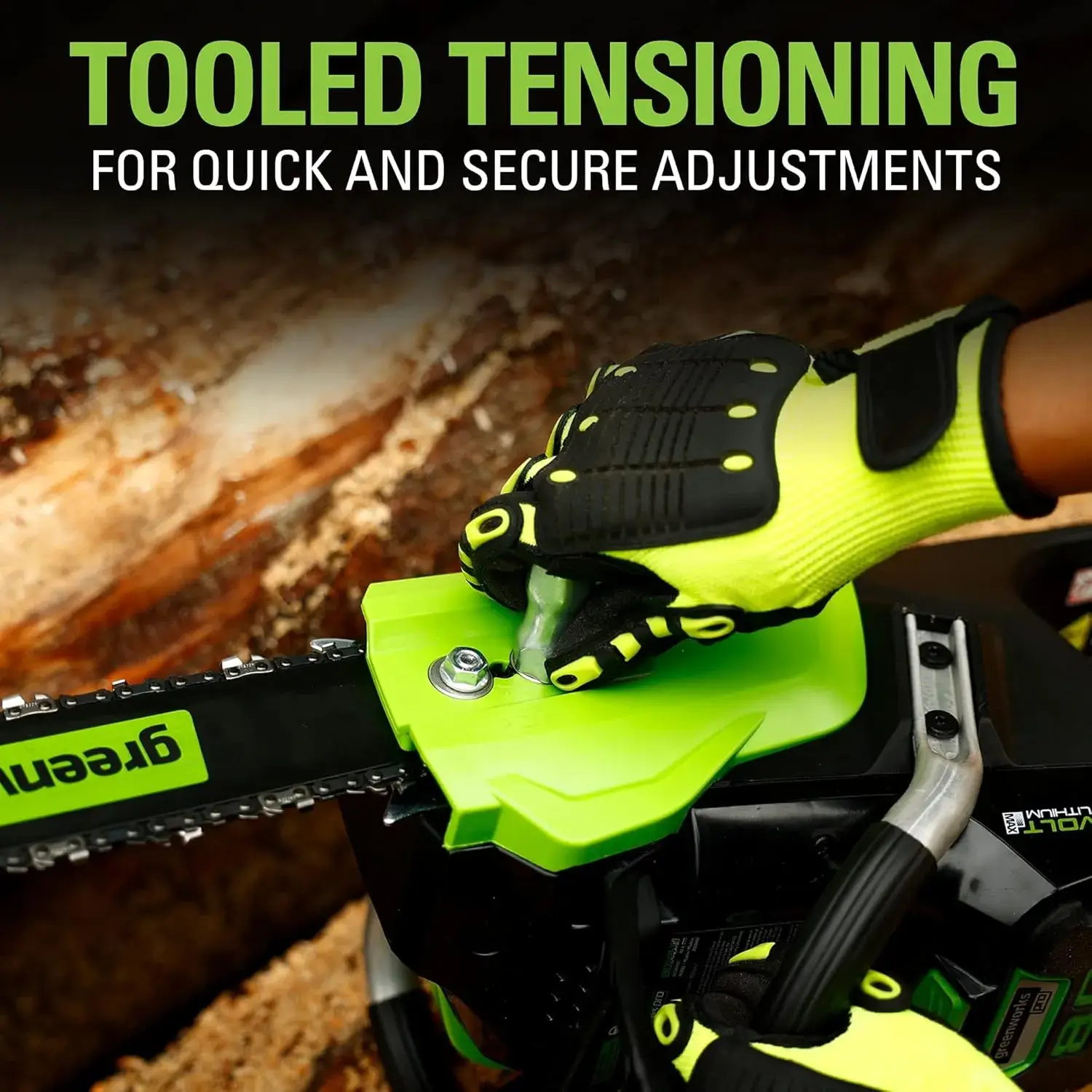 Détail du guide de 45,7 cm et de la chaîne de la Greenworks Pro GCS80450