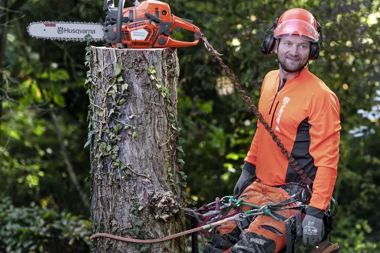 Husqvarna 545 en coupe sur une grume posée au sol