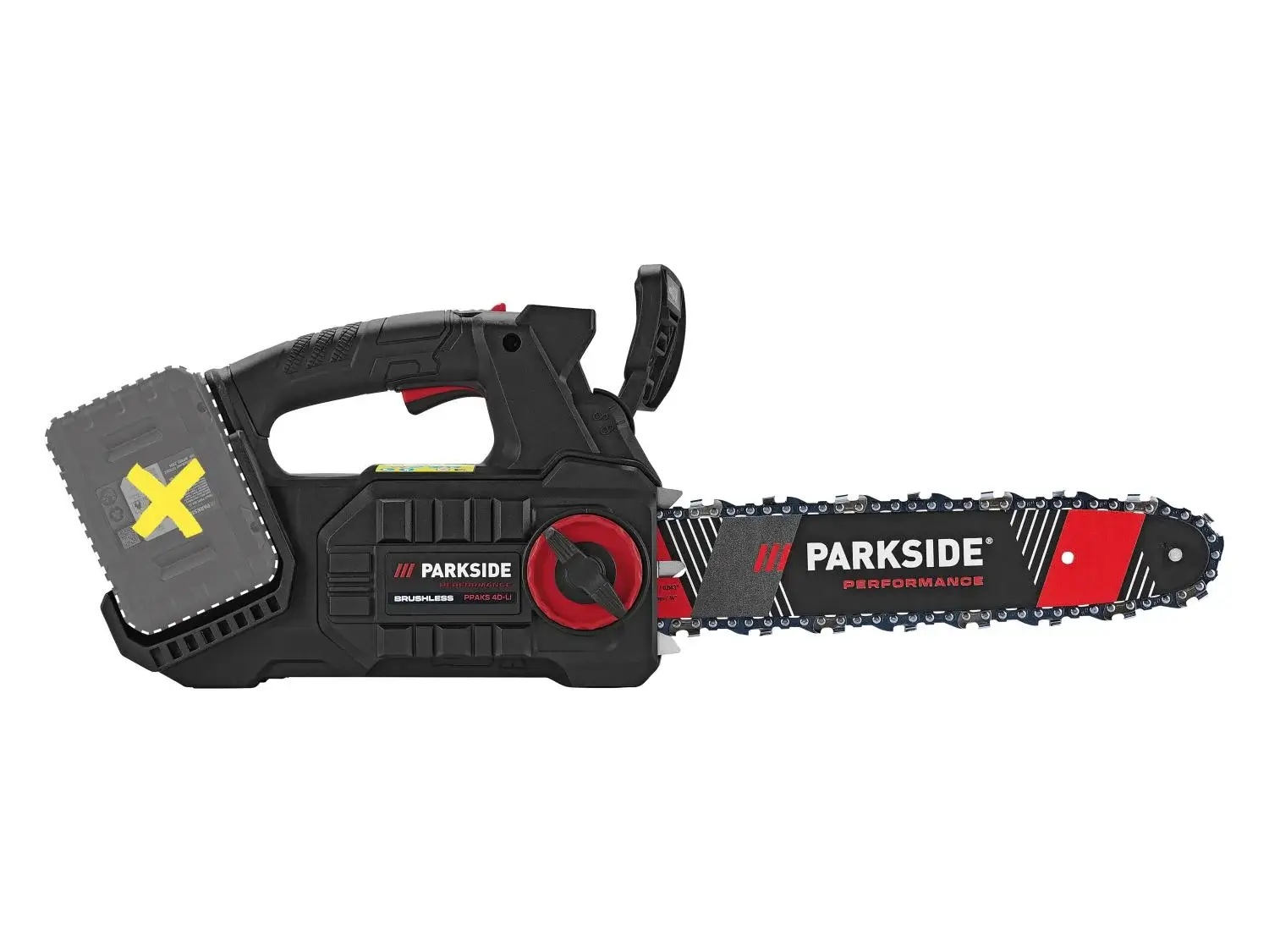 Sélecteur de vitesse et emplacements des deux batteries sur la Parkside PPAKS 40-Li A1