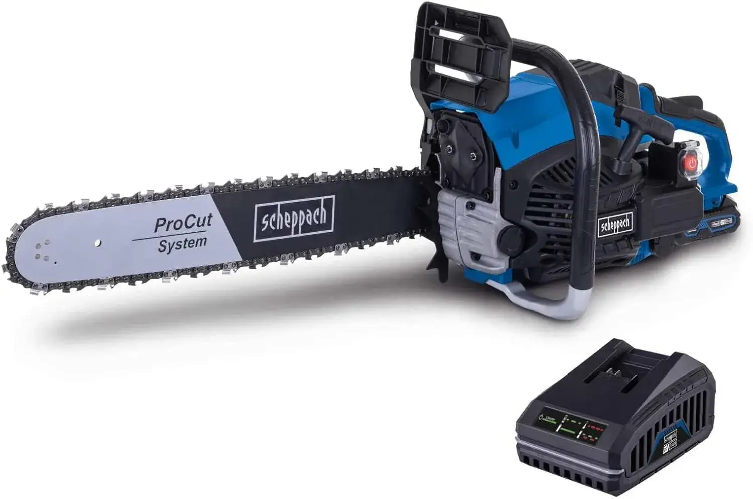 Scheppach PCS56E de profil, guide ProCut de 51 cm monté