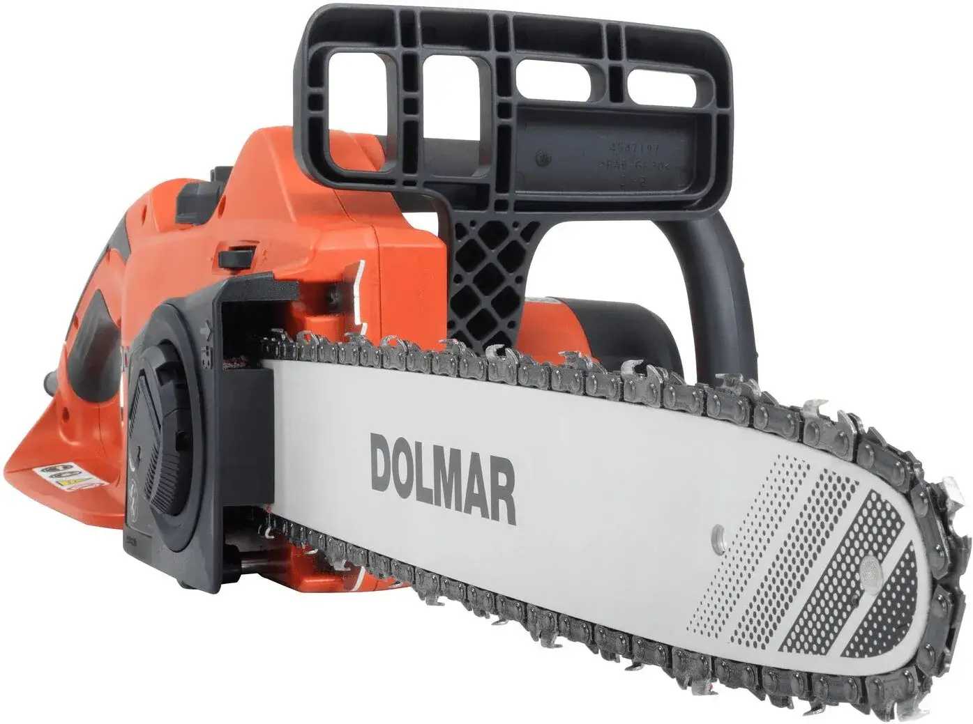 Dolmar ES43TLC vue de trois quarts, guide de 40 cm et molette de tension de chaîne
