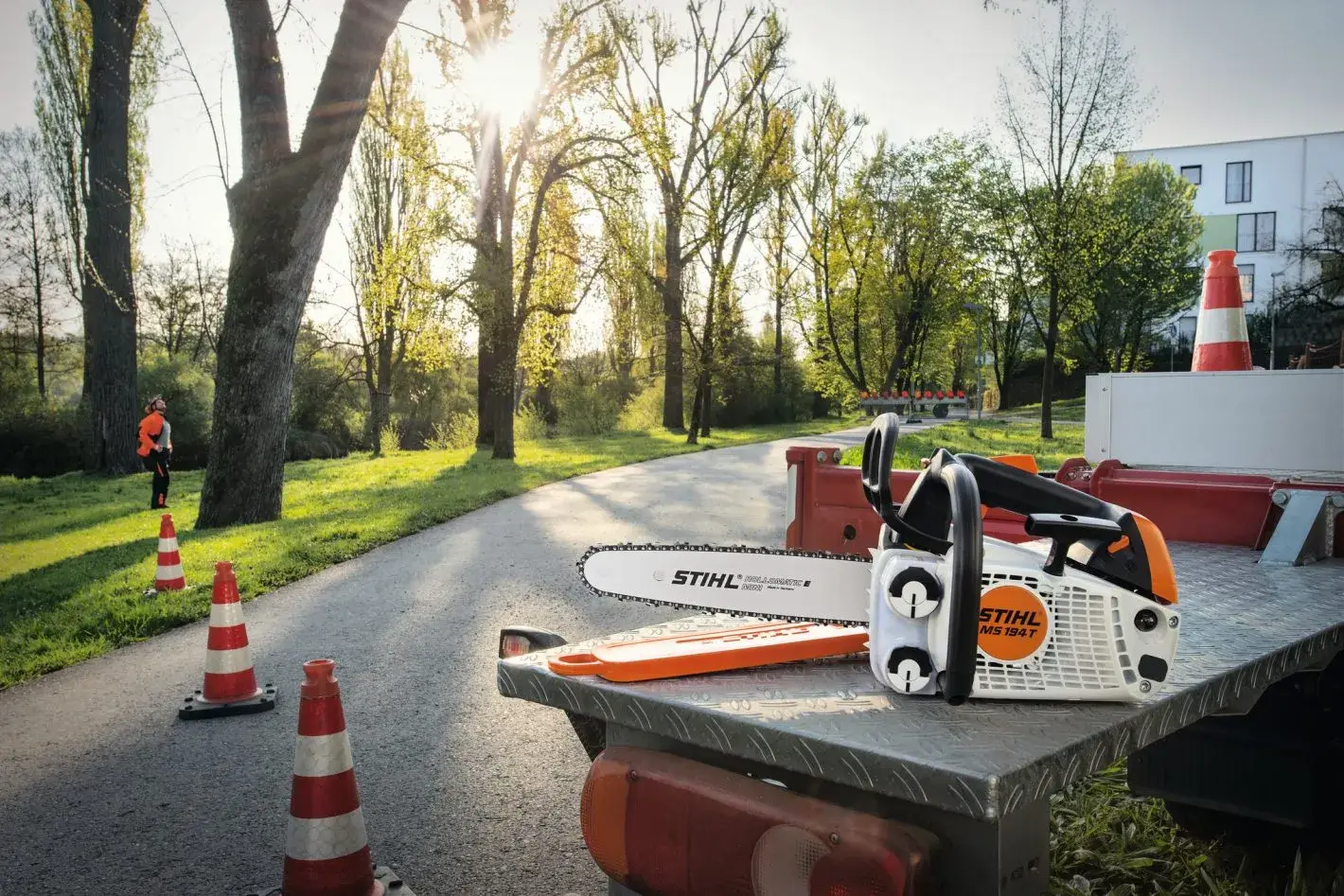 Stihl MS 194 TC-E en coupe sur une branche, guide de 35 cm