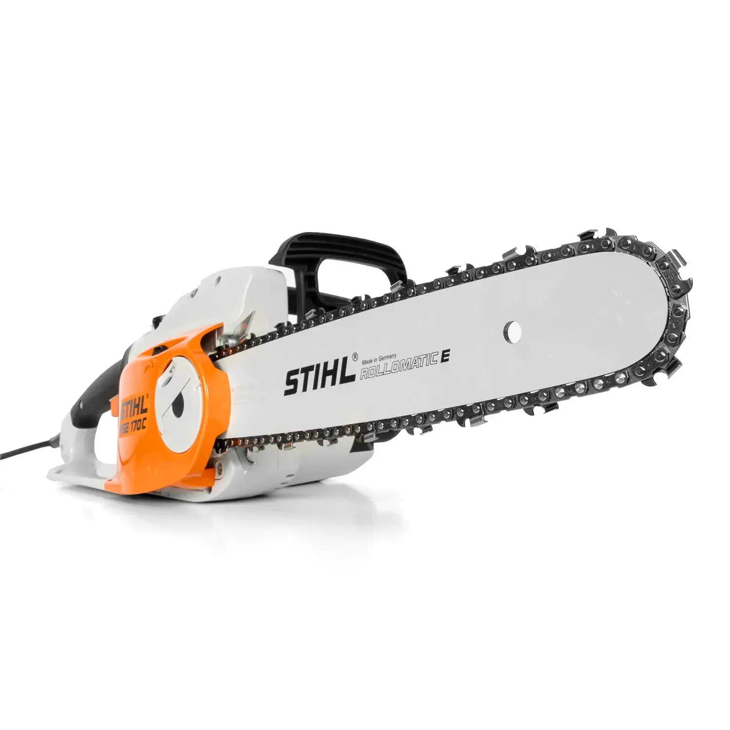 Stihl MSE 170 C-B en coupe sur une bûche, guide de 35 cm